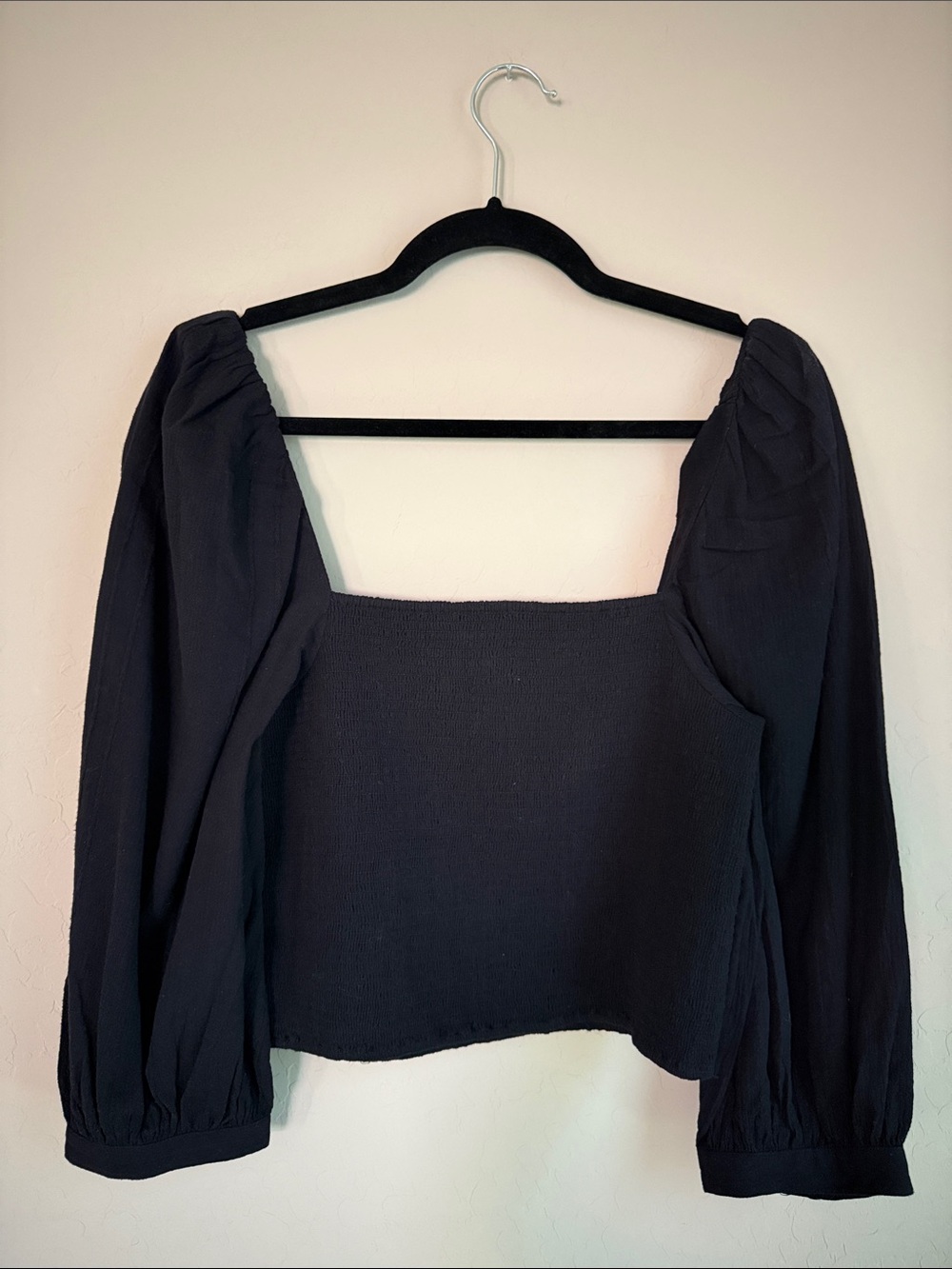 Joie Crop Top Black Shirred Bodice w/ a Square-Neckline Puff Sleeve Cotton Sz L - Picture 1 of 9